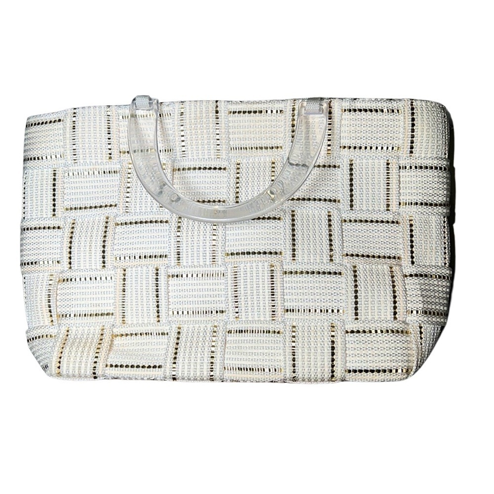 M & G Bertini - White & Gold Basket-Weave Purse - Clear Acrylic Handles